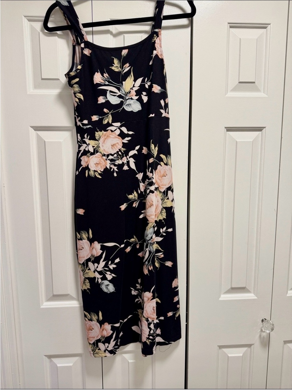 SHEIN Black Midi Dress with Pink Floral Print